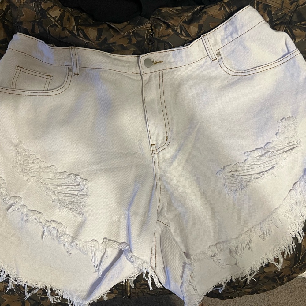SHEIN White Distressed Jean Shorts